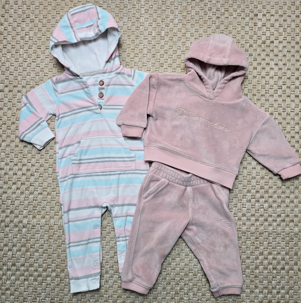 Champions Carters 12M Baby Girl Winter Bundle Pink Hoodie Set Hooded Bodysuit